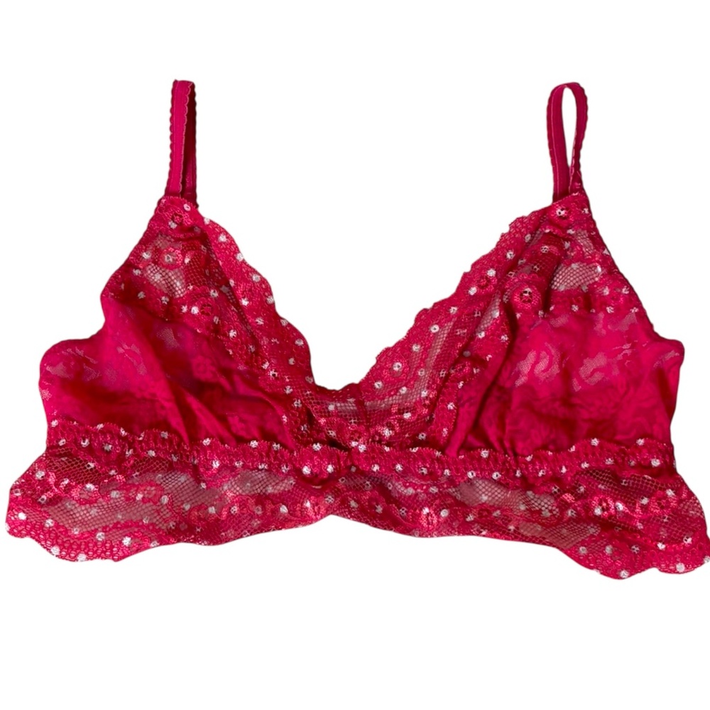 B. Tempt'd Bralette, Fuchsia Red & White Polka Dot, Unlined Sheer, Wireless, L M